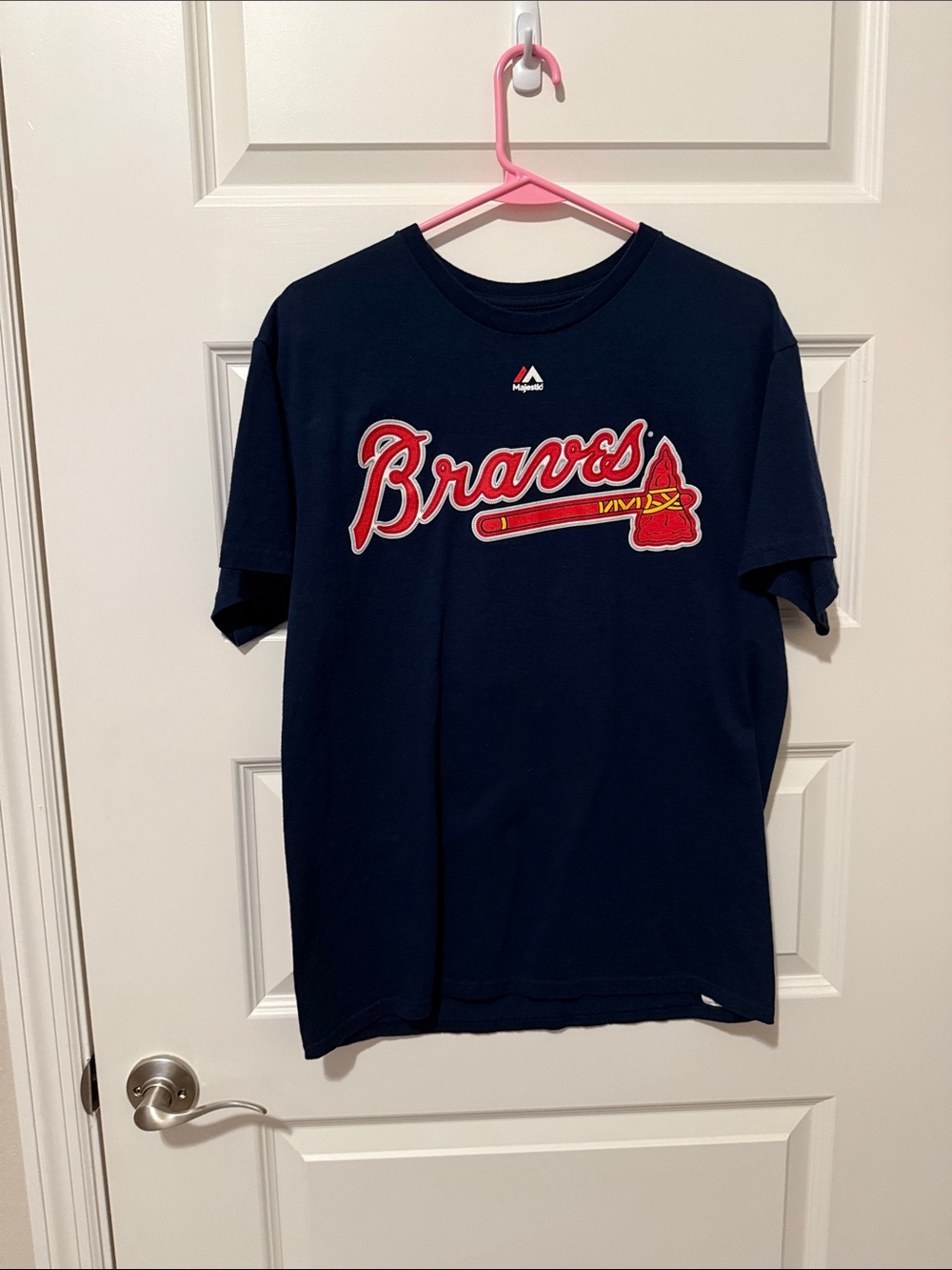 Majestic Navy Braves Short Sleeve Tee with Red Logo